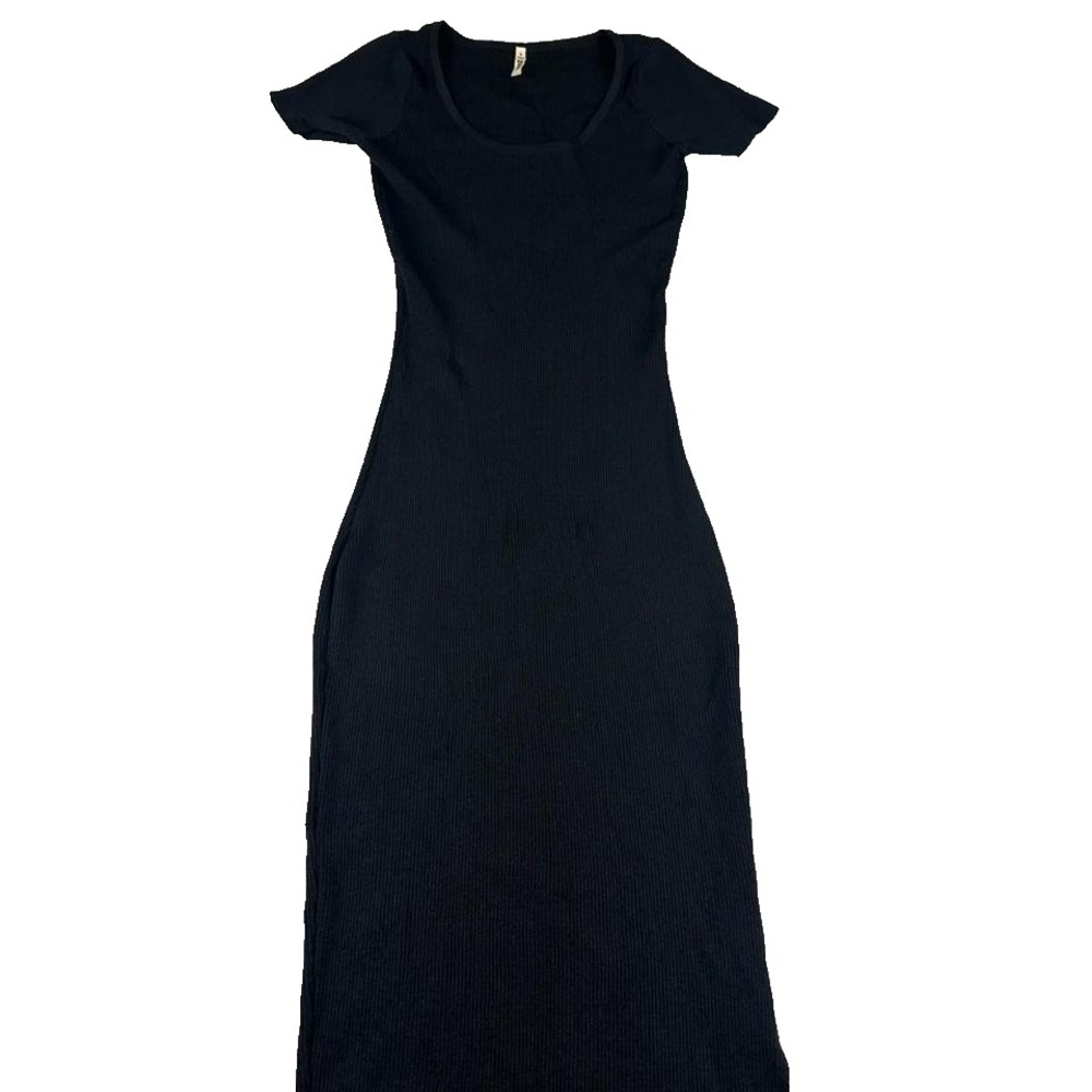 Bluebell Ribbed Maxi Dress Women S Black Minimalist Knit Short Sleeve Bodycon